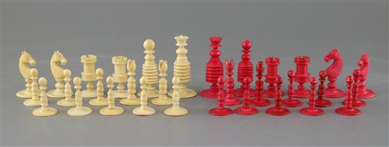 A late 18th century English white and red ivory chess set,